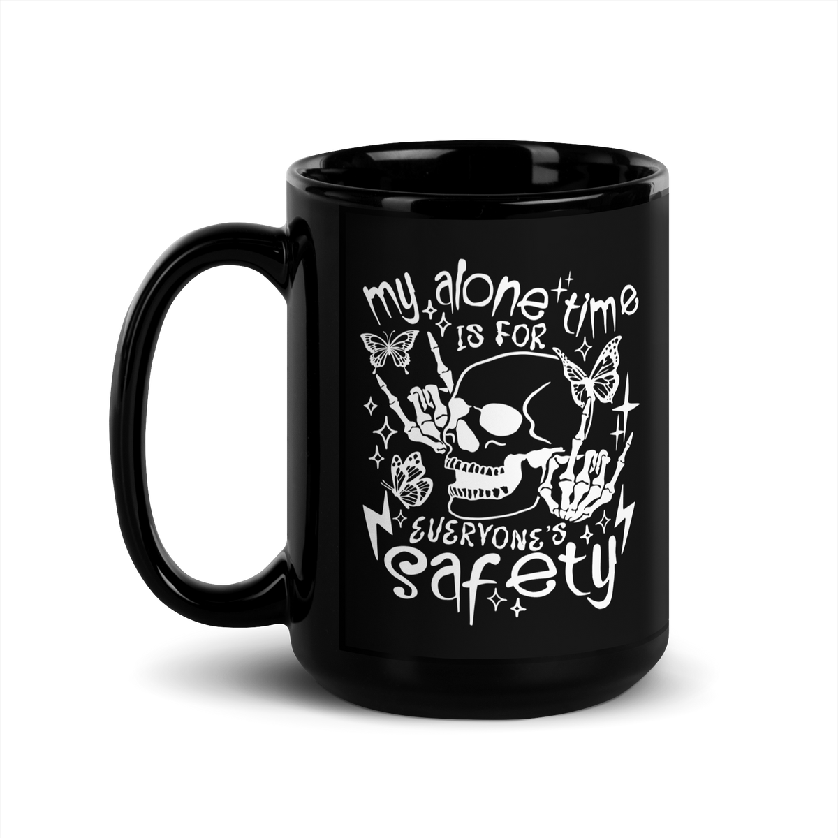 15 oz Black mug with white skull design and text My Aloe Time is for Everyone’s Safety