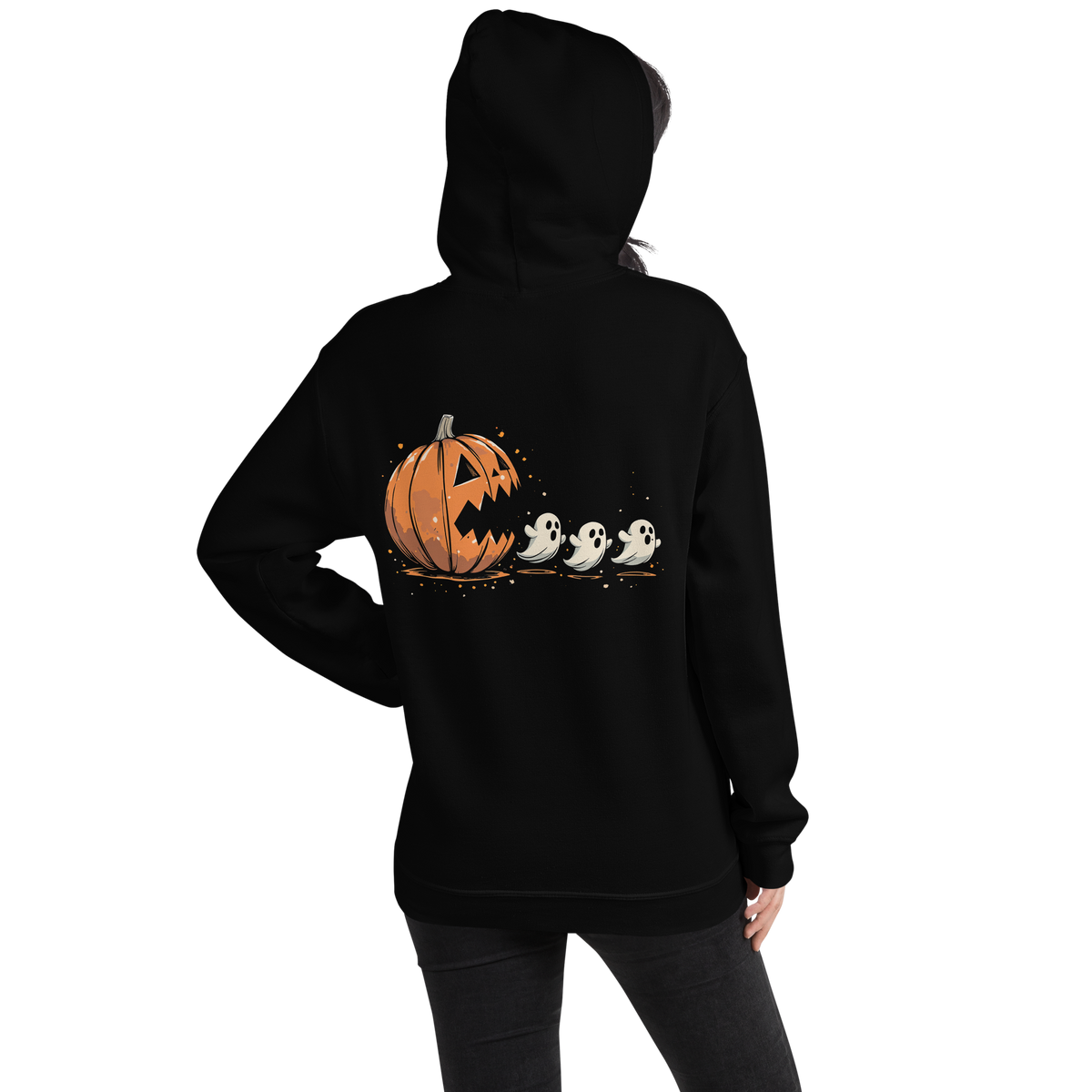 Back View: Person wearing Black Hoodie with a pumpkin chasing ghost graphic No Text Sizes: Small to 5XL