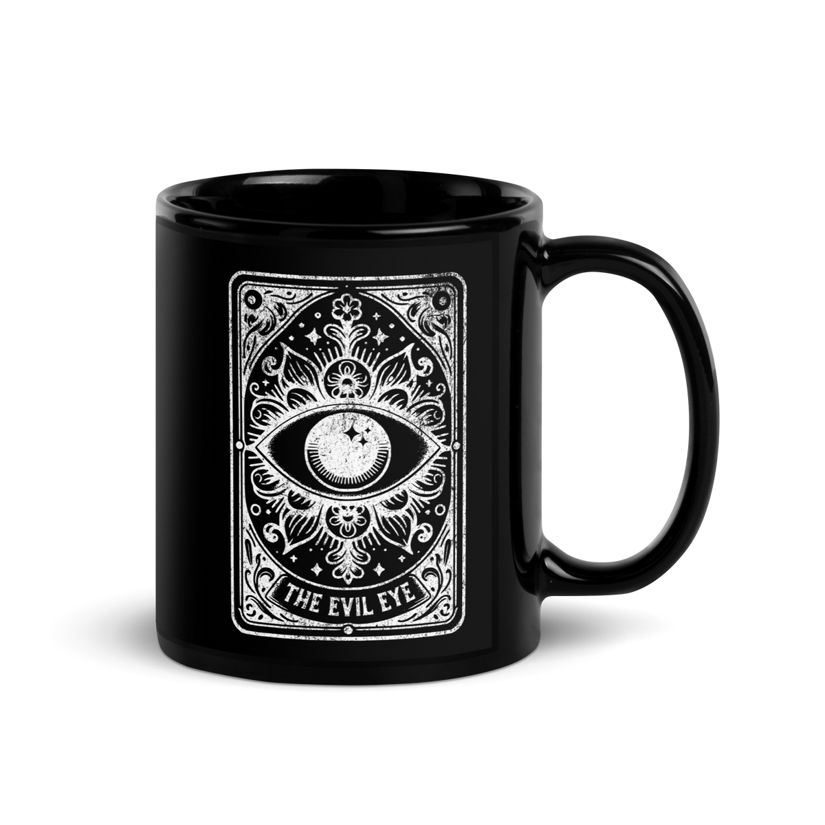 11 oz Black Mug with a Evil Eye Tarot Card Graphic