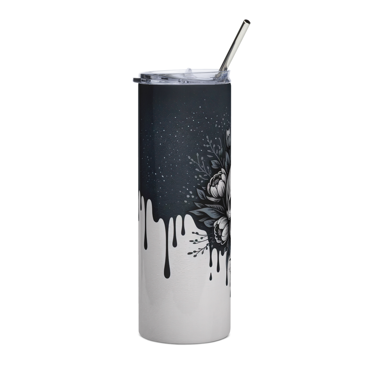 Right View, 20 oz skinny tumbler with black ink drips down over a white background