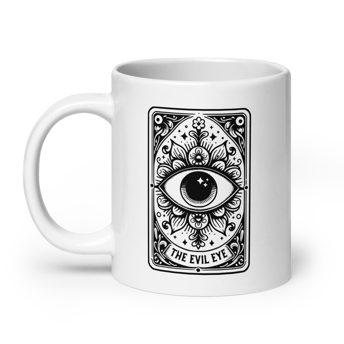 20 oz White mug with 'The Evil Eye' Tarot Card design