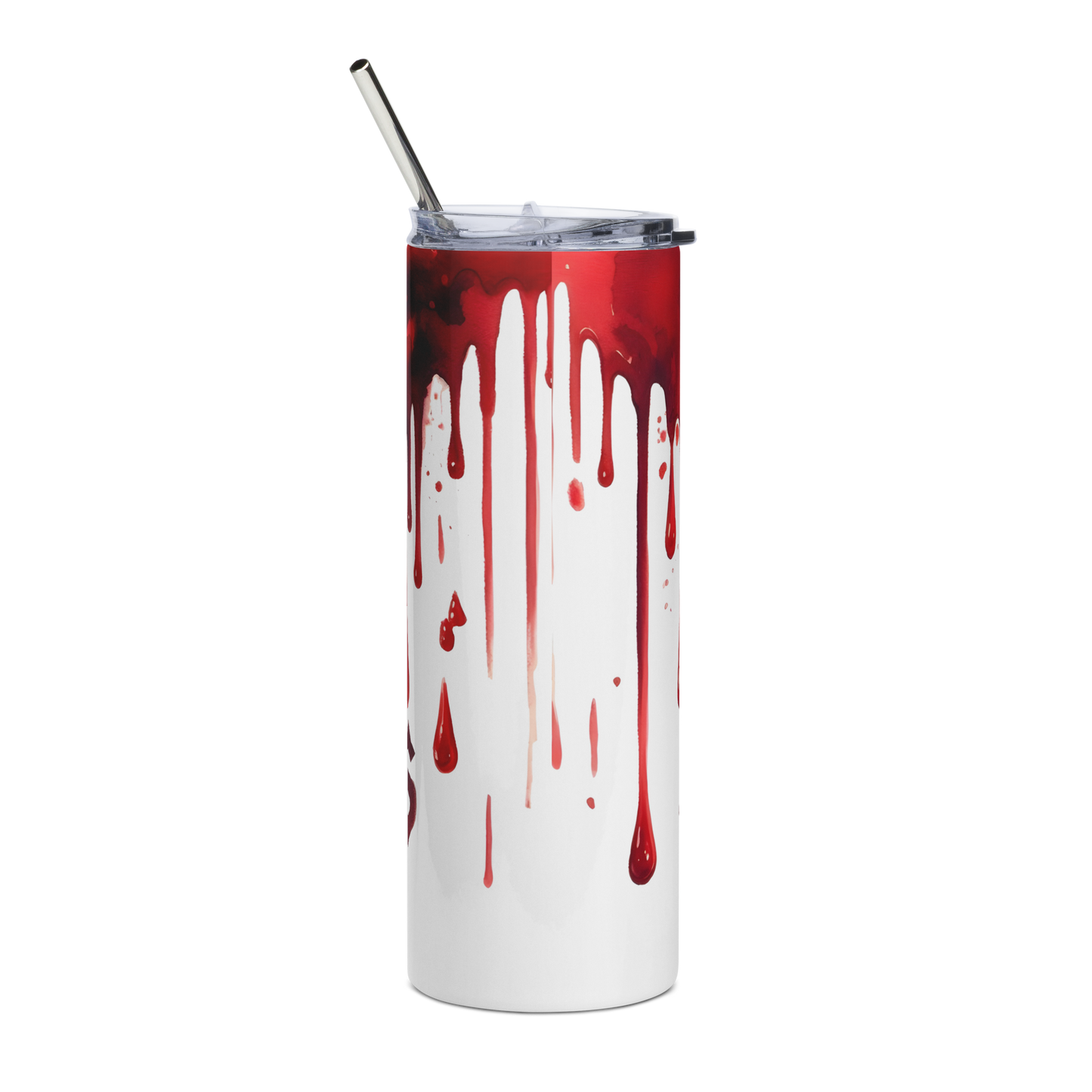 Back View: 20 oz Skinny Tumbler with 'Blood of my Enemies' design on a white background with blood dripping from the rim