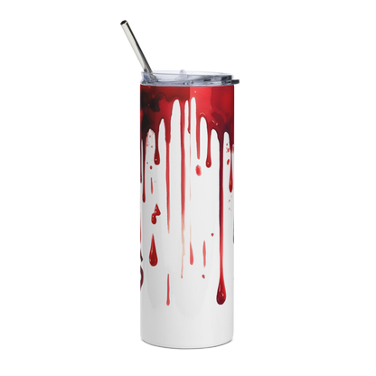 Back View: 20 oz Skinny Tumbler with 'Blood of my Enemies' design on a white background with blood dripping from the rim