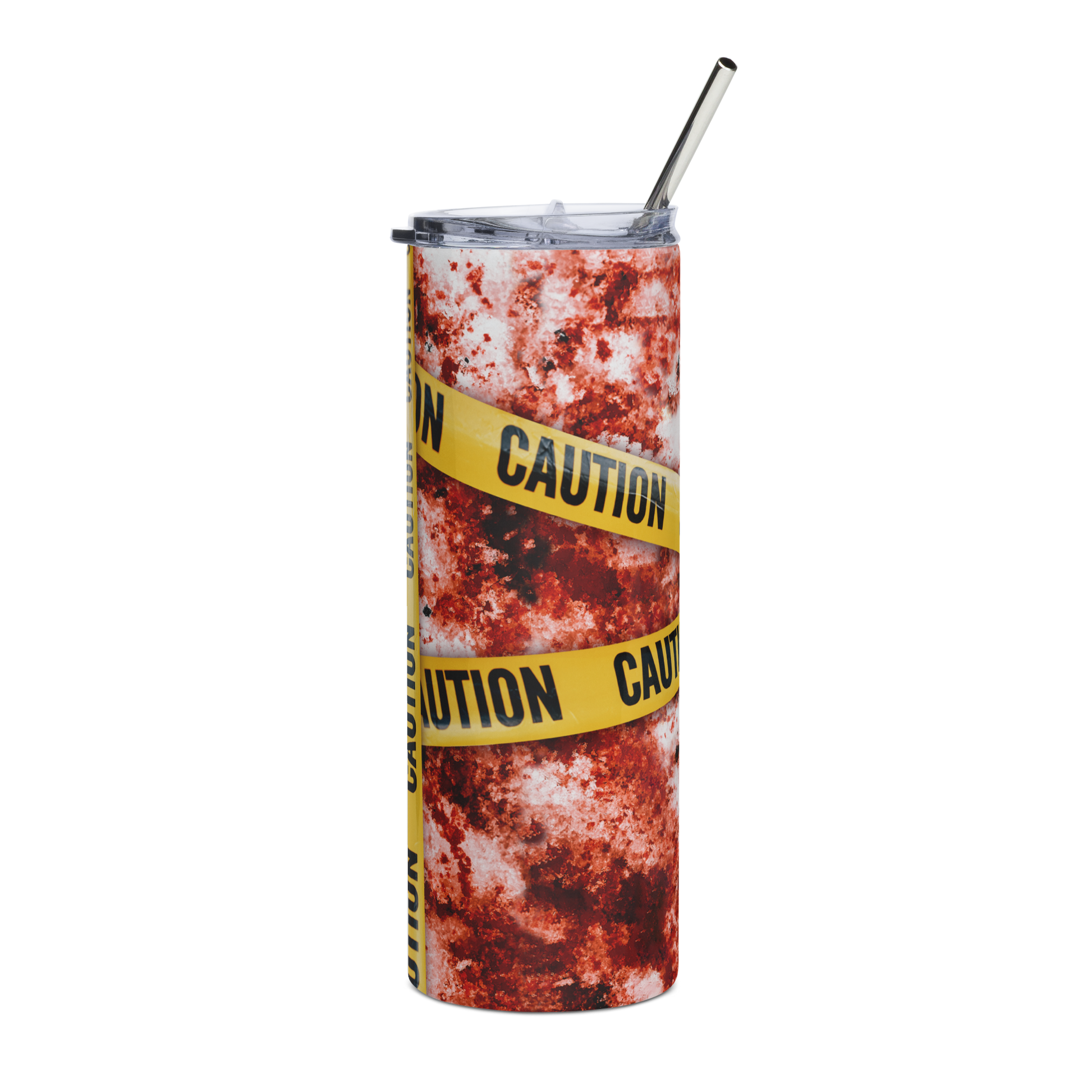 Back View 20 oz Skinny Tumbler with Blood Splatter and Caution Tape