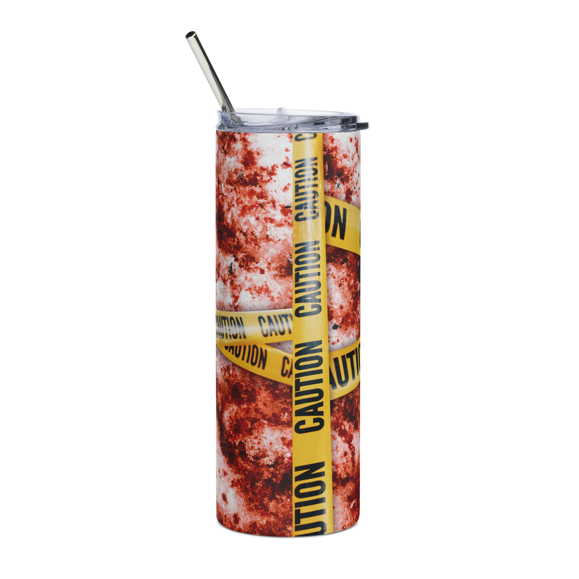 Left View 20 oz Skinny Tumbler with Blood Splatter and Caution Tape