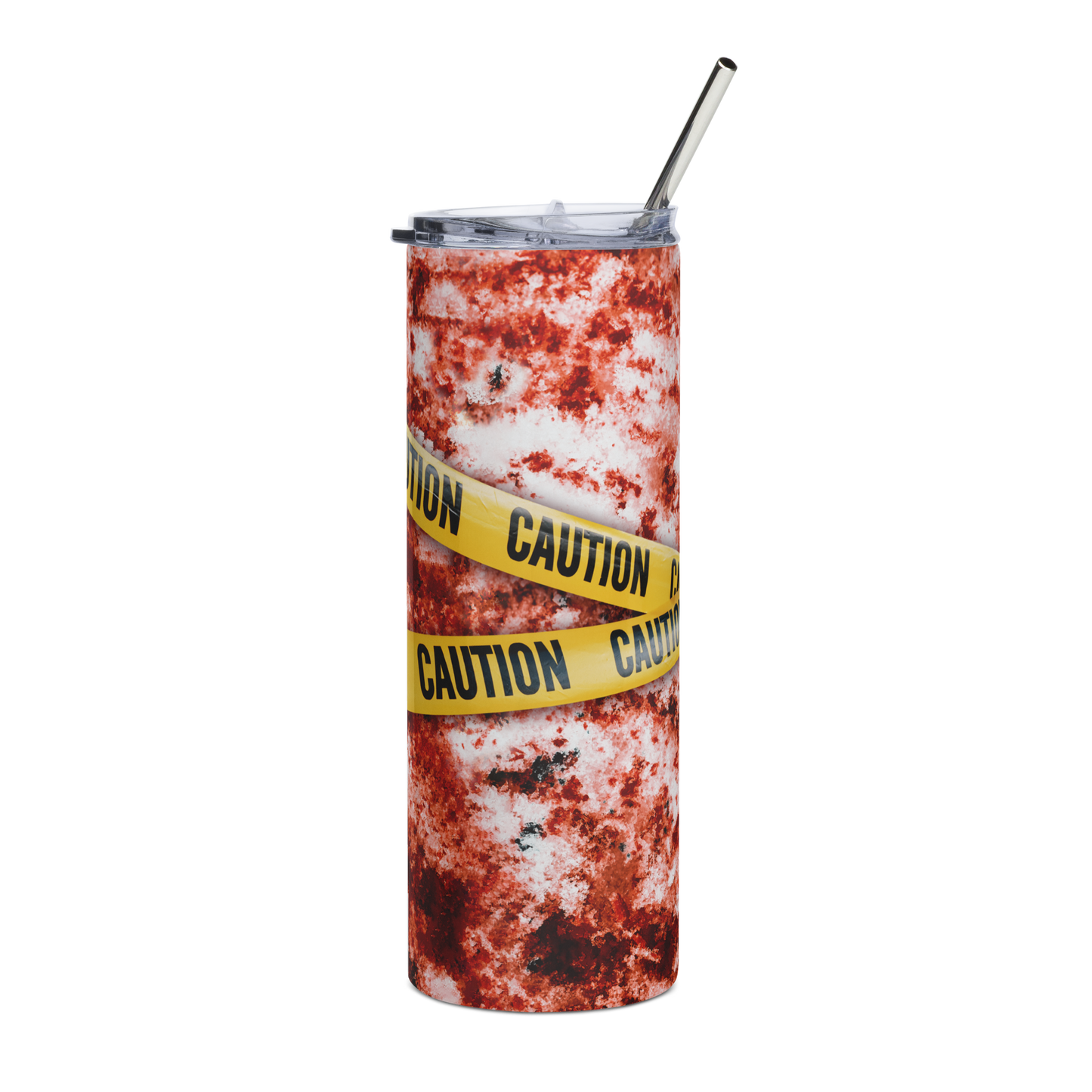 Front View 20 oz Skinny Tumbler with Blood Splatter and Caution Tape