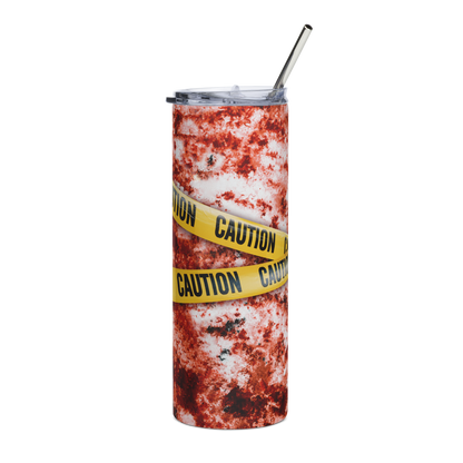 Front View 20 oz Skinny Tumbler with Blood Splatter and Caution Tape