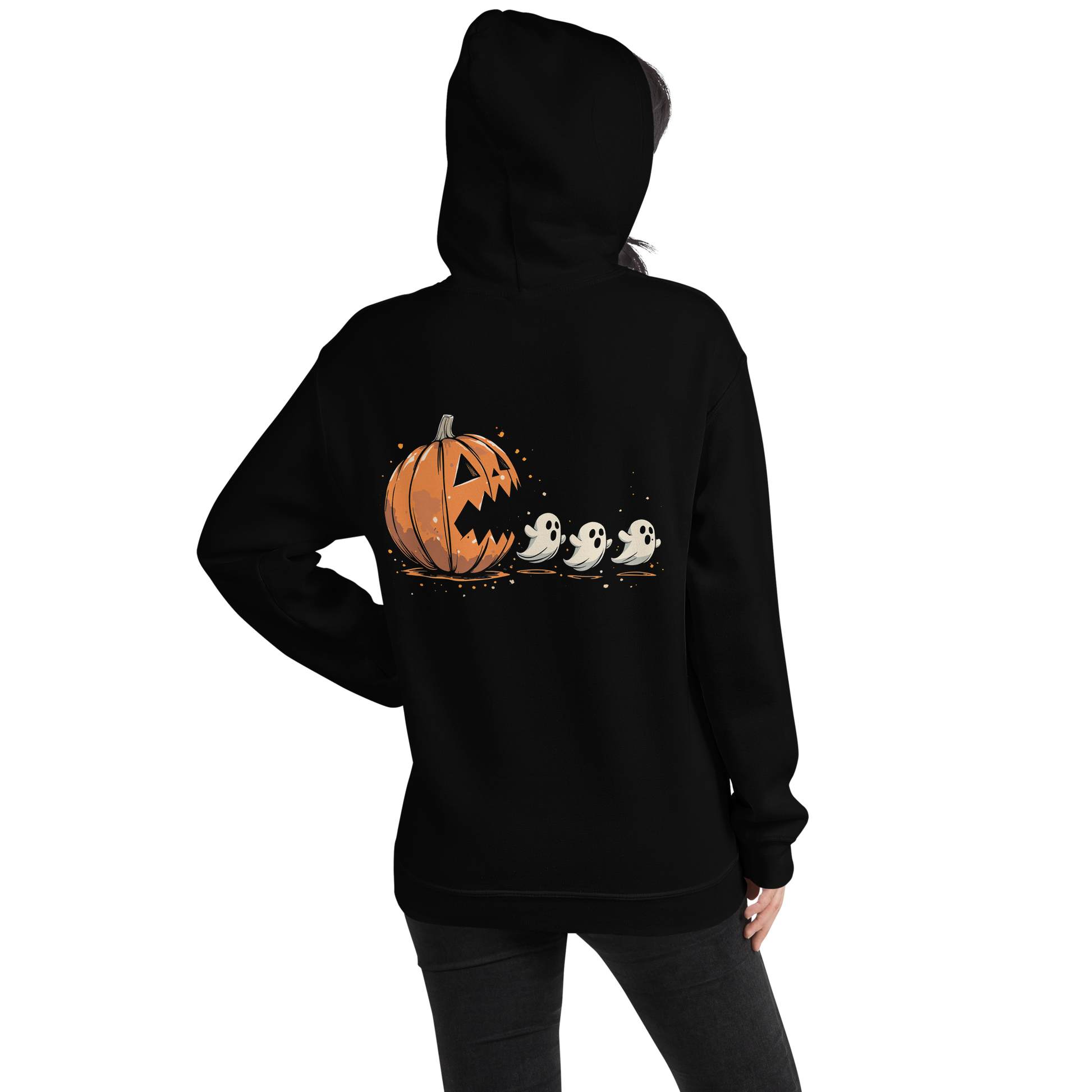 Back View: Person wearing Black Hoodie with a pumpkin chasing ghost graphic No Text Sizes: Small to 5XL