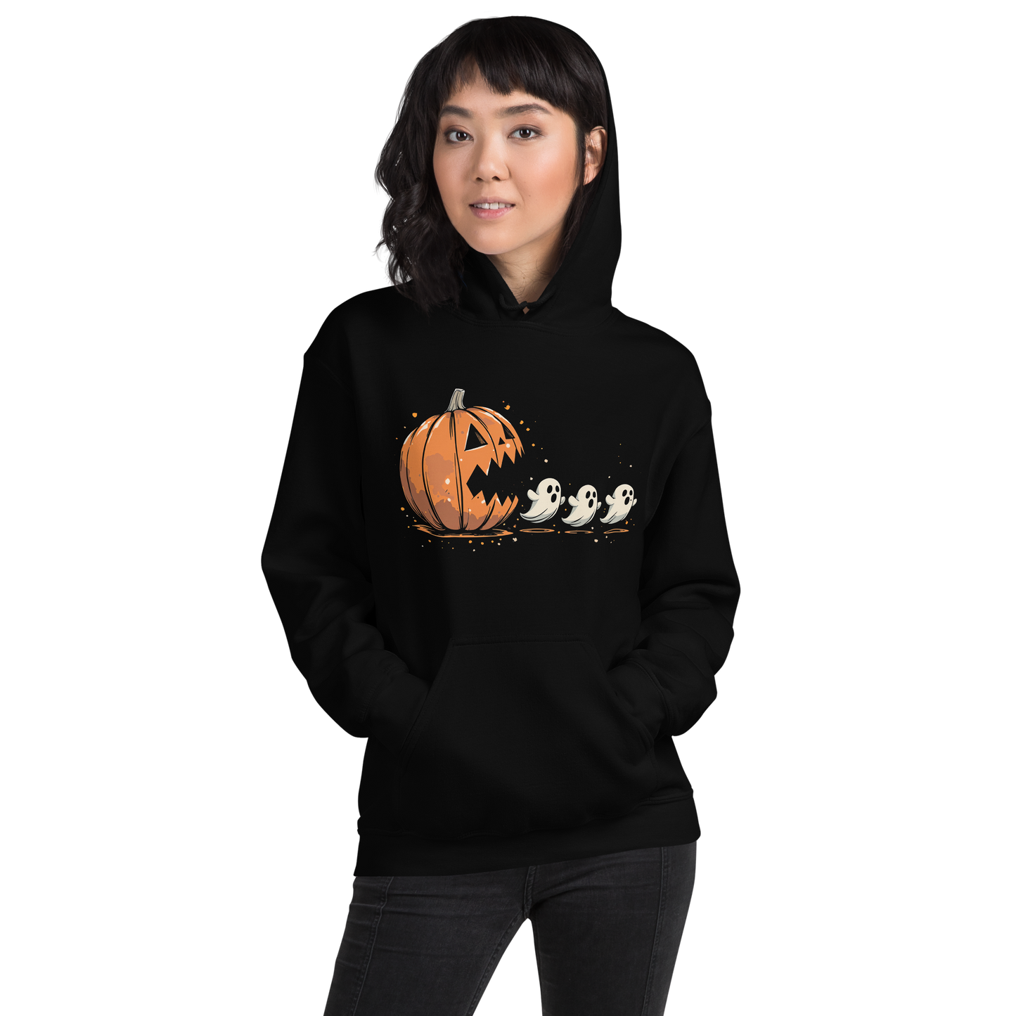 Front View: Person wearing Black Hoodie with a Pumpkin chasing Ghost graphic No Text Sizes: Small to 5XL