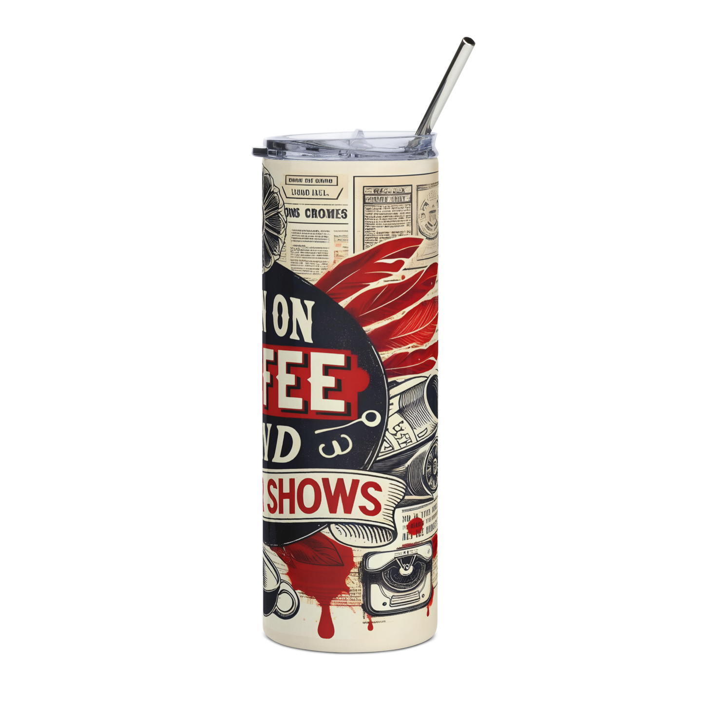 Left View: 20 oz Skinny Tumbler with newspaper background with left side of label with red feathers