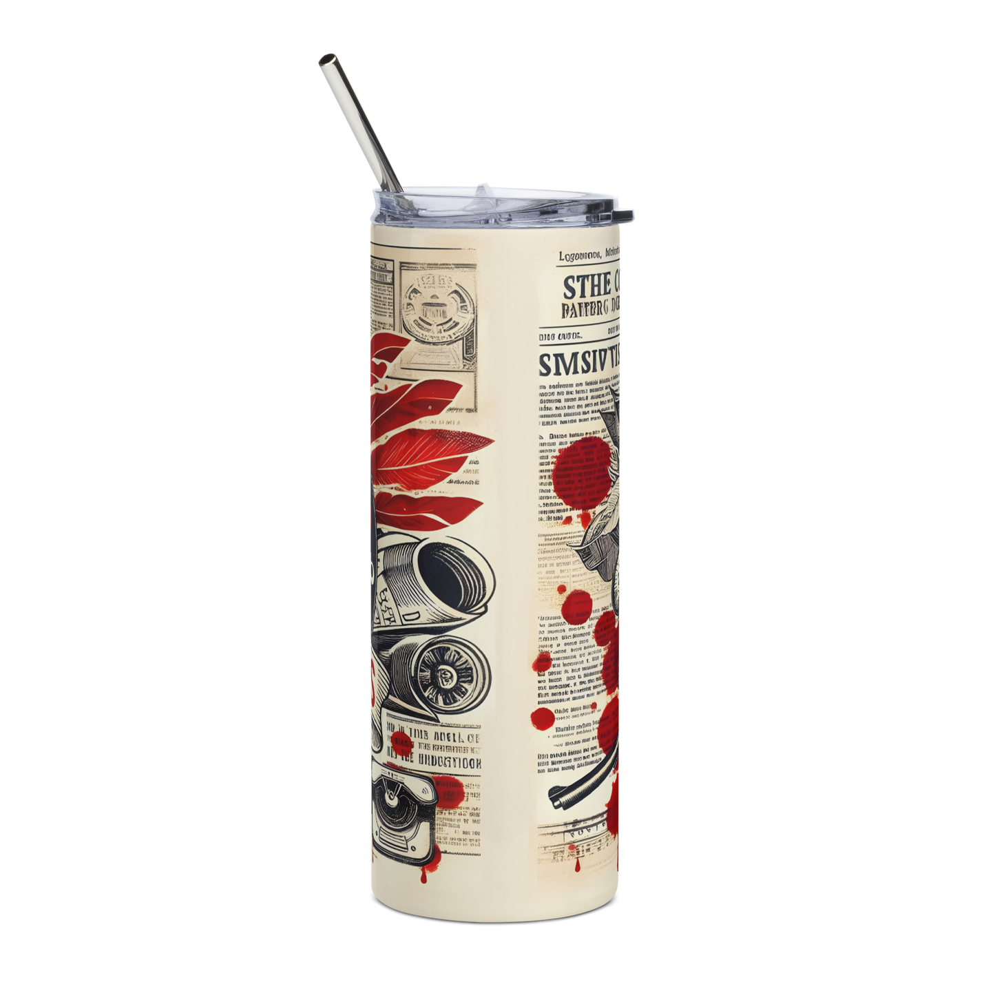 Back View: 20 oz skinny tumbler Newspaper background with feathers and blood splatter 