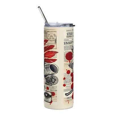 Back View: 20 oz skinny tumbler Newspaper background with feathers and blood splatter 