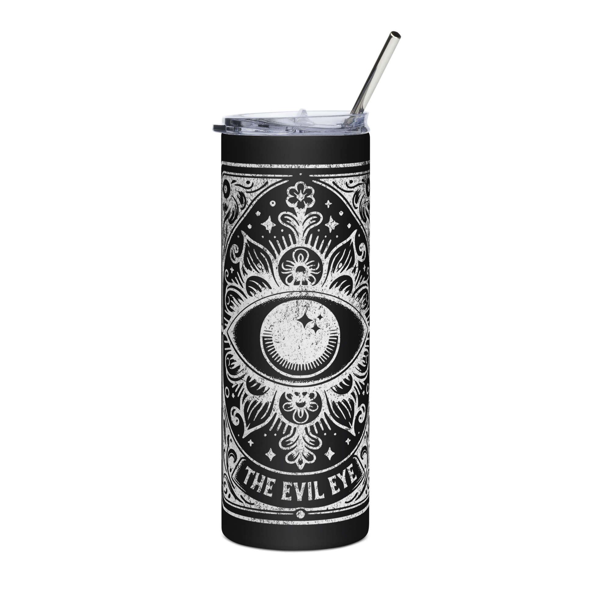 Back View: Black 20 oz Skinny Tumbler with a Evil Eye Tarot Card Graphic 