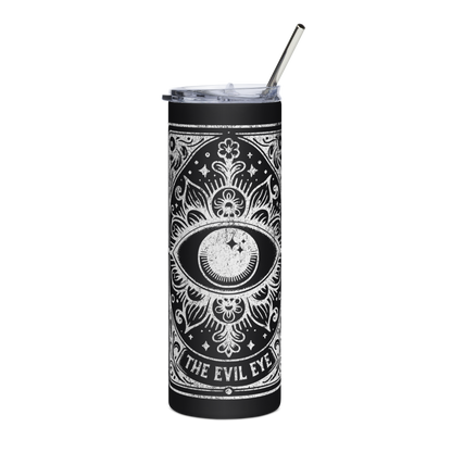 Back View: Black 20 oz Skinny Tumbler with a Evil Eye Tarot Card Graphic 