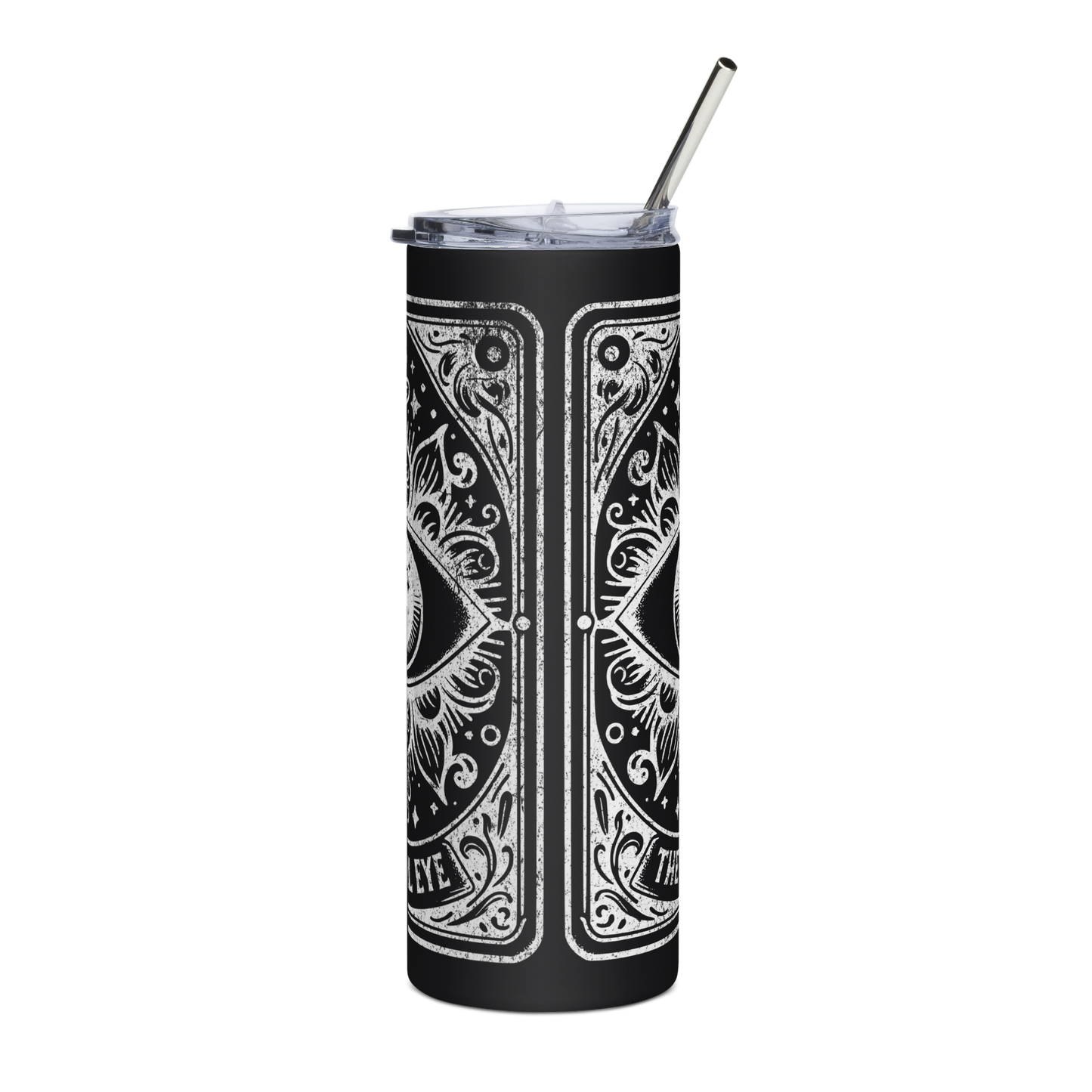 Left View: Black 20 oz Skinny Tumbler with a Evil Eyes Tarot Card Graphic 