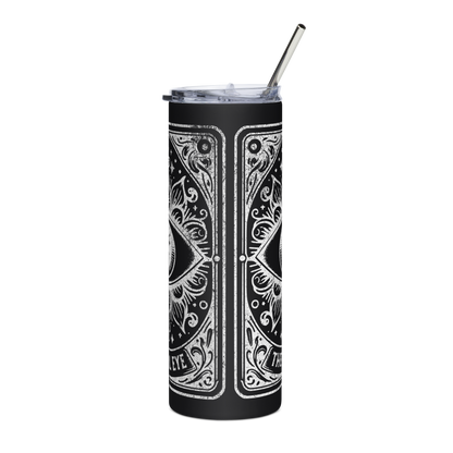 Left View: Black 20 oz Skinny Tumbler with a Evil Eyes Tarot Card Graphic 