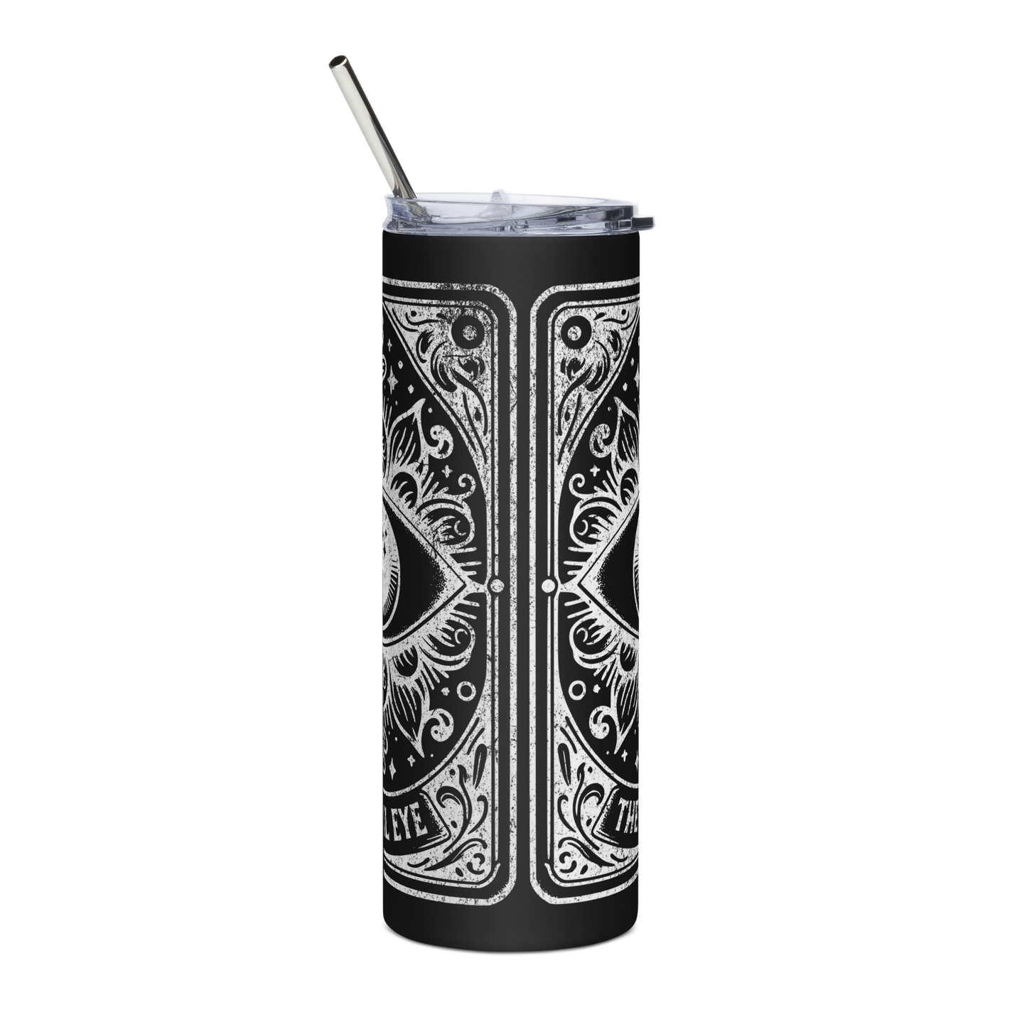 Right View: 20 oz Black Skinny Tumbler with a Evil Eye Tarot Card Graphic 