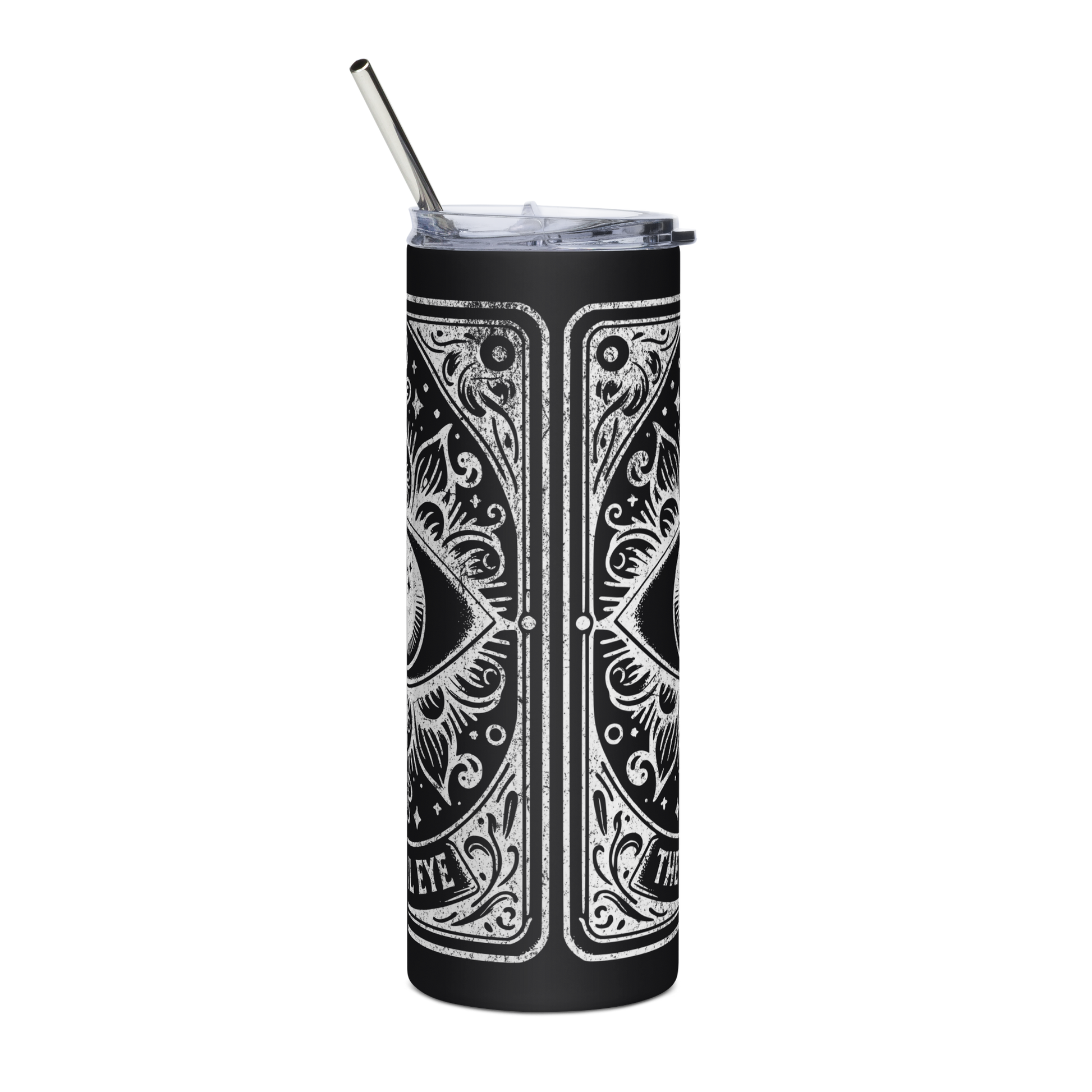 Right View: 20 oz Black Skinny Tumbler with a Evil Eye Tarot Card Graphic 