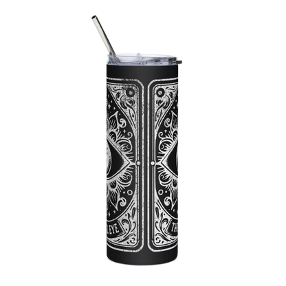 Right View: 20 oz Black Skinny Tumbler with a Evil Eye Tarot Card Graphic 