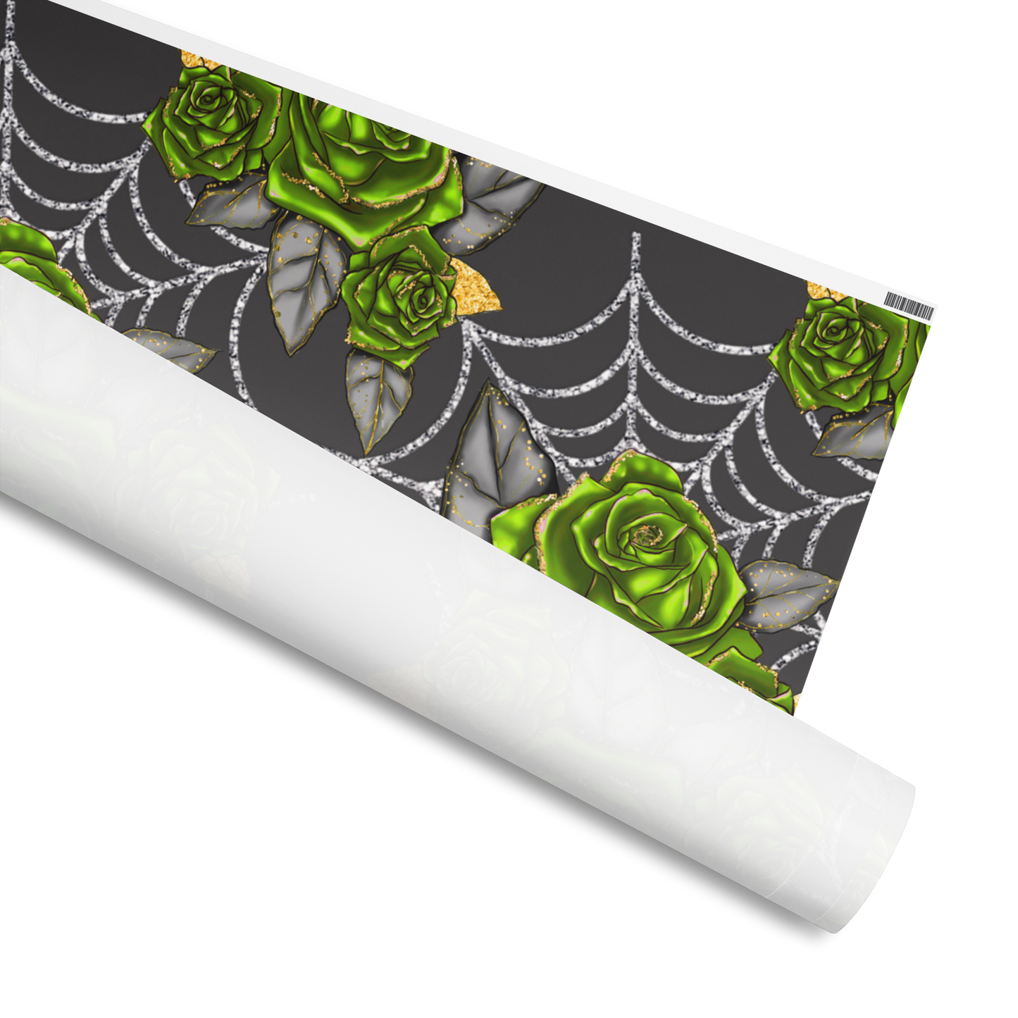 Wrapping Paper with green roses on spiderwebs, Available in 2 sizes, 30" x 72", 30" x 180" and 2 finishes, matte and glossy 