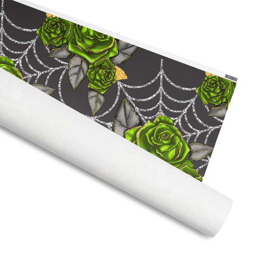 Wrapping Paper with green roses on spiderwebs, Available in 2 sizes, 30" x 72", 30" x 180" and 2 finishes, matte and glossy 