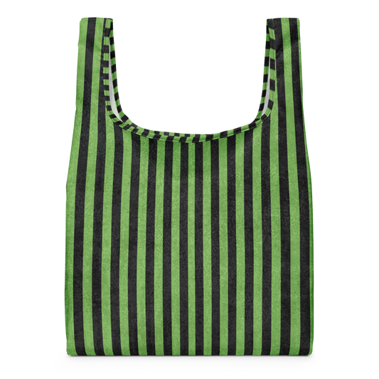 Green and black striped reusable shopping bag