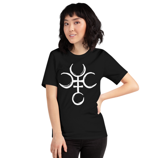 Front View: Person wearing a black shirt with Hecate’s Symbol graphic No Text Sizes: XS to 5XL