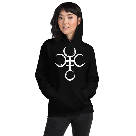 Front View: Person wearing a Black Hoodie with Hecate’s symbol No Text Sizes: Small to 5XL