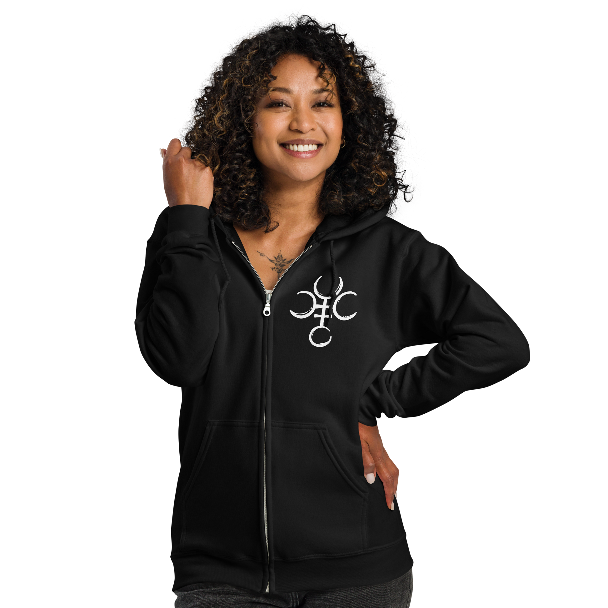 Front View: Person wearing black Zipper Hoodie with Hecate’s symbol on right upper chest No Text Sizes: Small to 5XL