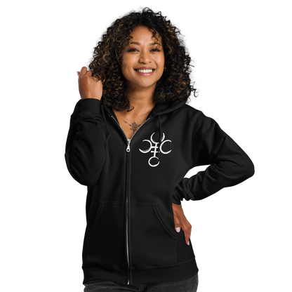 Front View: Person wearing black Zipper Hoodie with Hecate’s symbol on right upper chest No Text Sizes: Small to 5XL