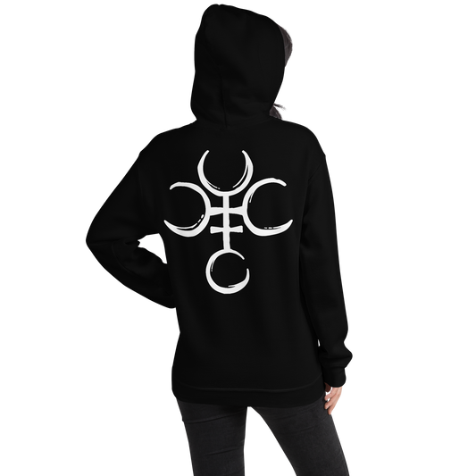 Back View: Person wearing a Black Hoodie with Hecate’s symbol No Text Sizes: Small to 5XL