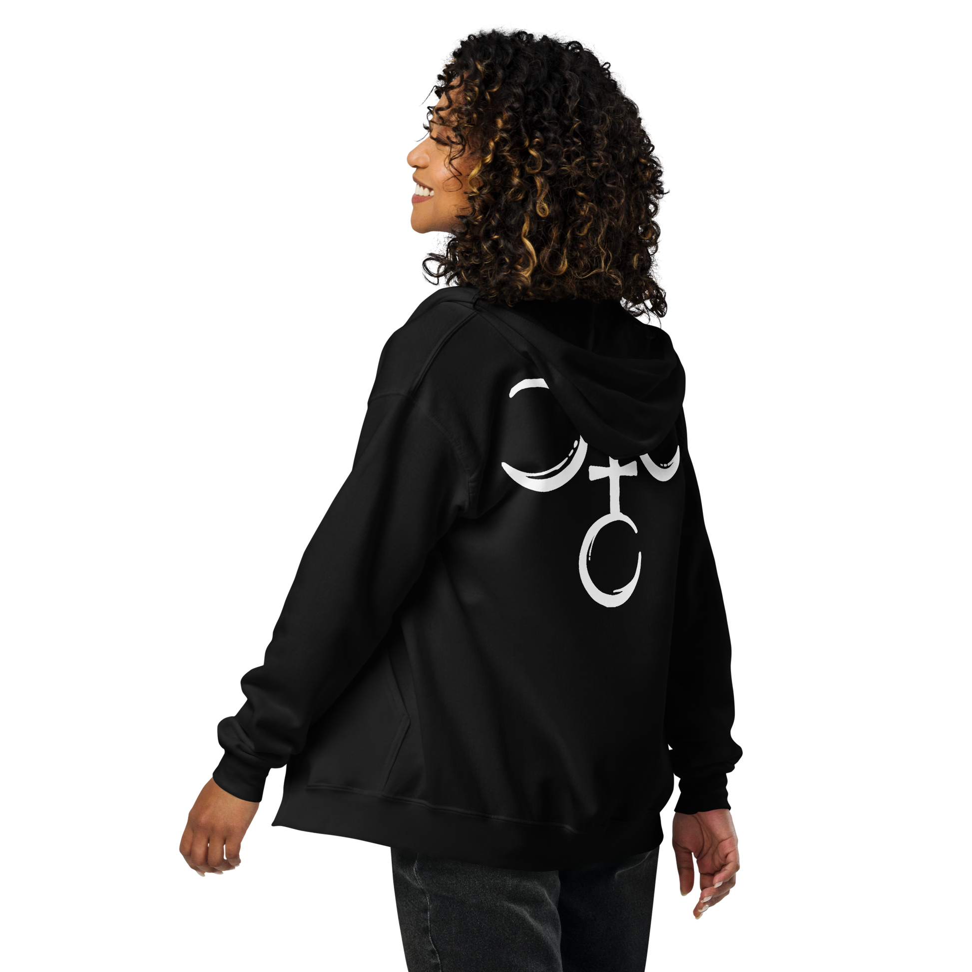 Back View: Person wearing Black Zipper Hoodie with Hecate’s symbol No Text Sizes: Small to 5XL