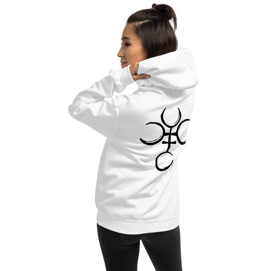 Back View: Person wearing a white Hoodie with a black Hecate’s Symbol No Text Sizes: Small to 5XL