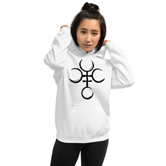 Front View: Person wearing a White Hoodie with a black Hecate Symbol No Text Sizes: Small to 5XL