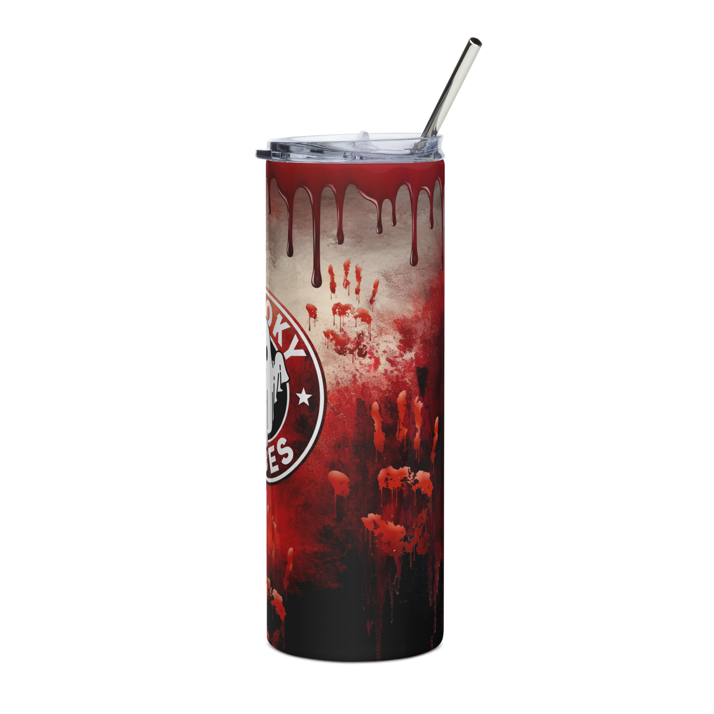 Left View: 20 oz, skinny tumbler, Bloody drips from rim with bloody handprints, side view of label