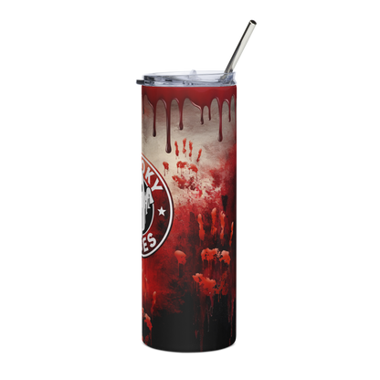 Left View: 20 oz, skinny tumbler, Bloody drips from rim with bloody handprints, side view of label