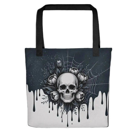 Tote Bag, Black ink dripping down over a grayish background, centered, Skull with flowers around over a partial spiderweb, printed on both sides