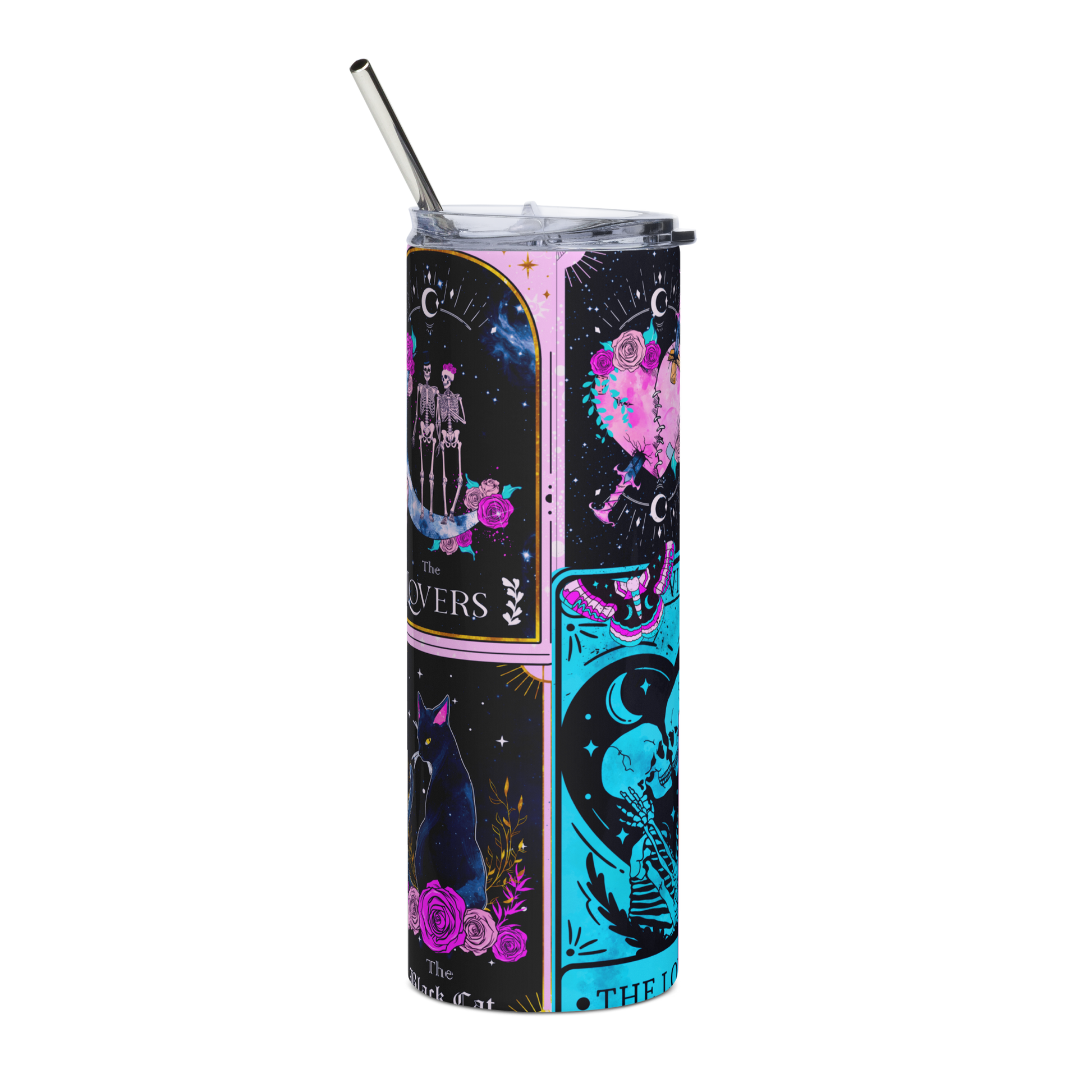 Back View: Colorful Arrangement of tarot cards on a 20 oz Skinny Tumbler