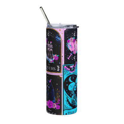 Back View: Colorful Arrangement of tarot cards on a 20 oz Skinny Tumbler