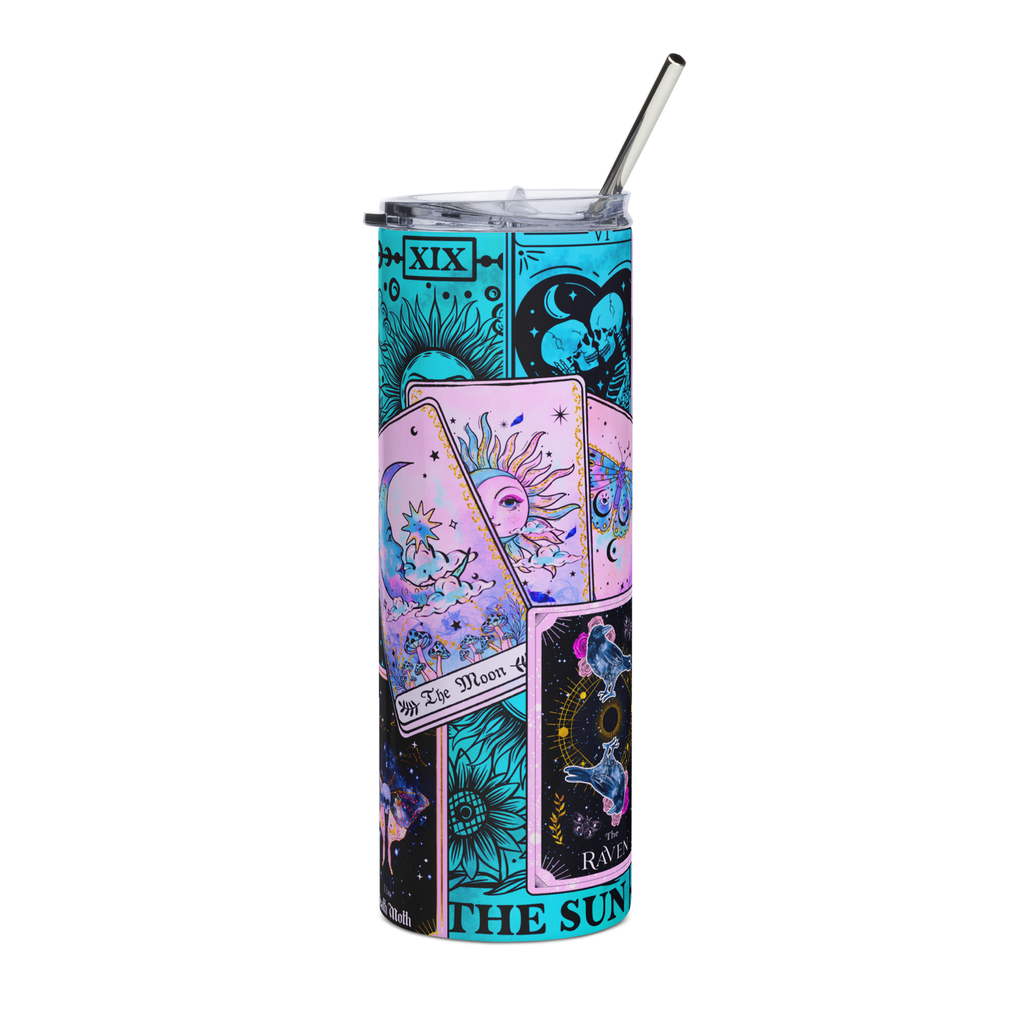 Front View: Colorful Arrangement of tarot cards on a 20 oz Skinny Tumbler 