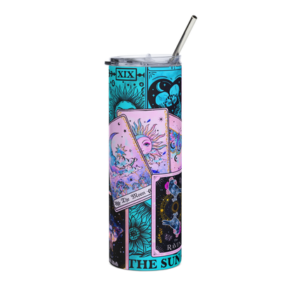 Front View: Colorful Arrangement of tarot cards on a 20 oz Skinny Tumbler 