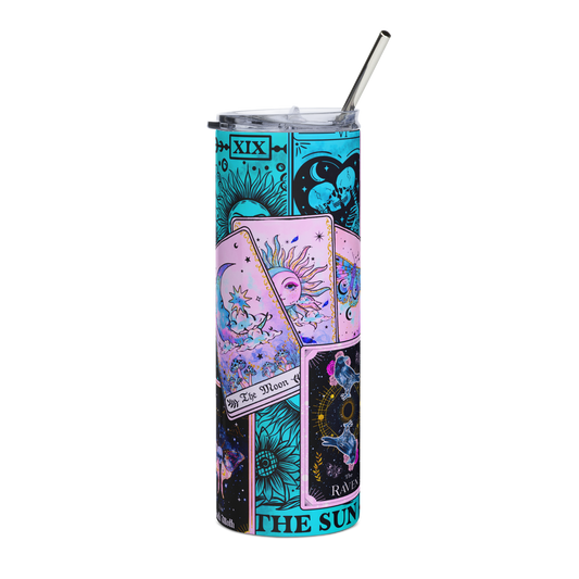 Front View: Colorful Arrangement of tarot cards on a 20 oz Skinny Tumbler 