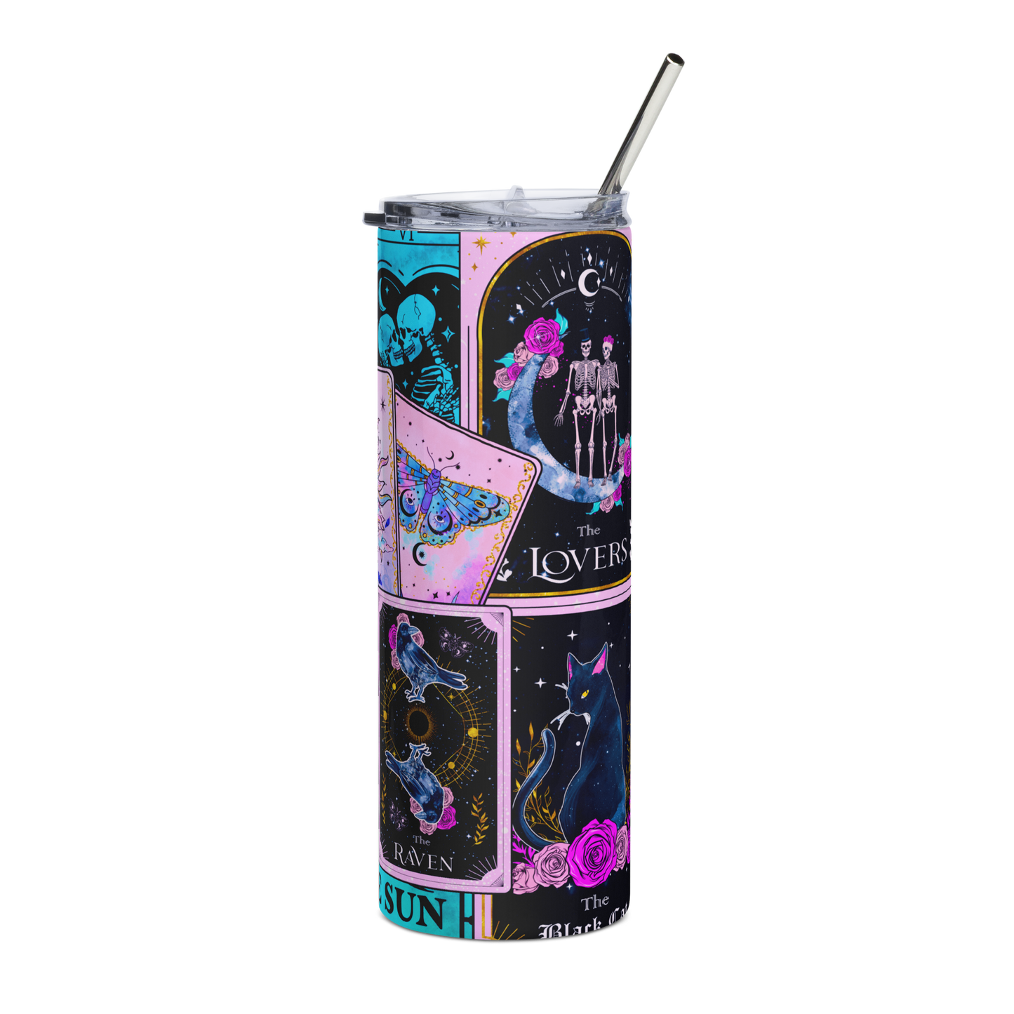 Left View: Colorful Arrangement of tarot cards on a 20 oz Skinny Tumbler