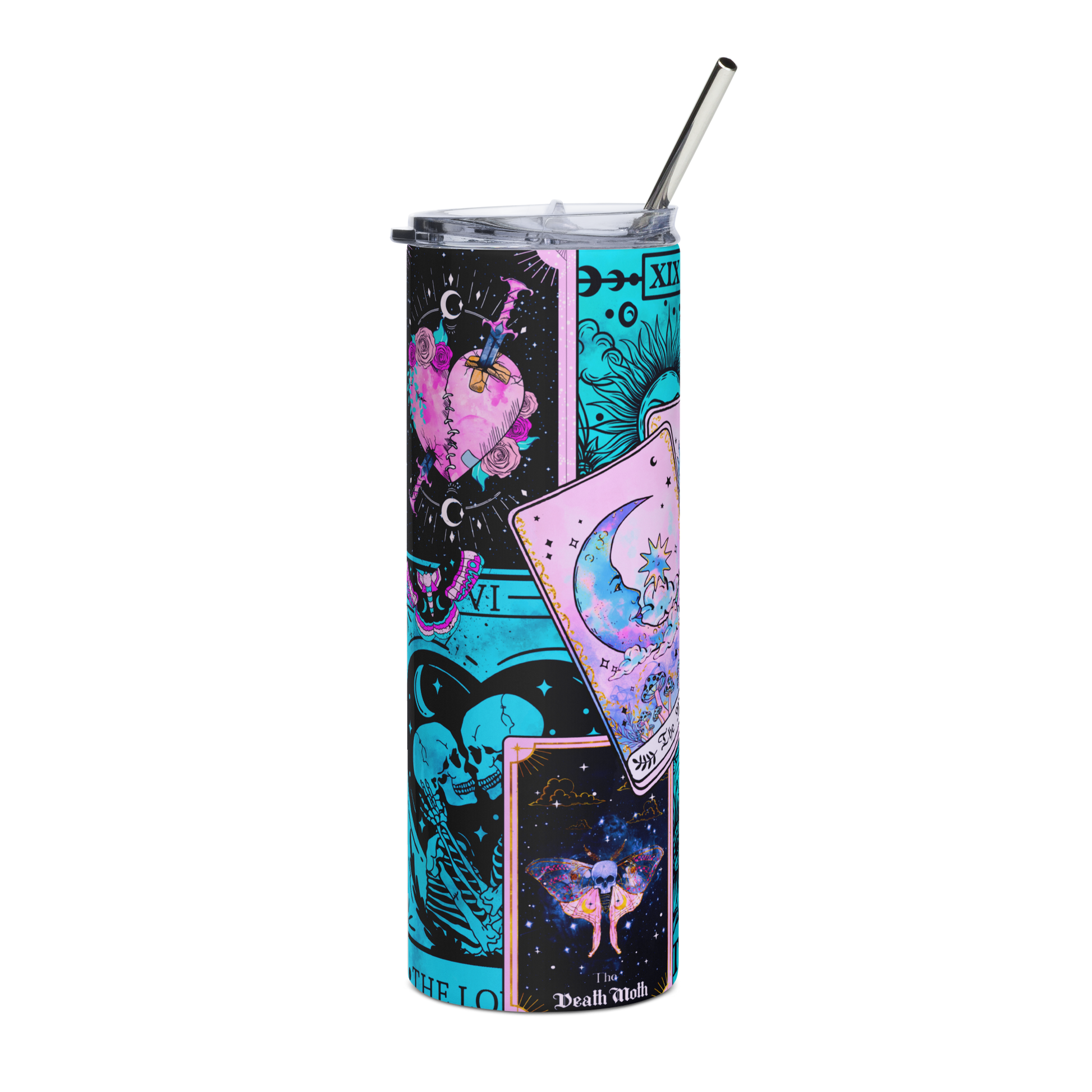 Right View: Colorful Arrangement of tarot cards on a 20 oz Skinny Tumbler