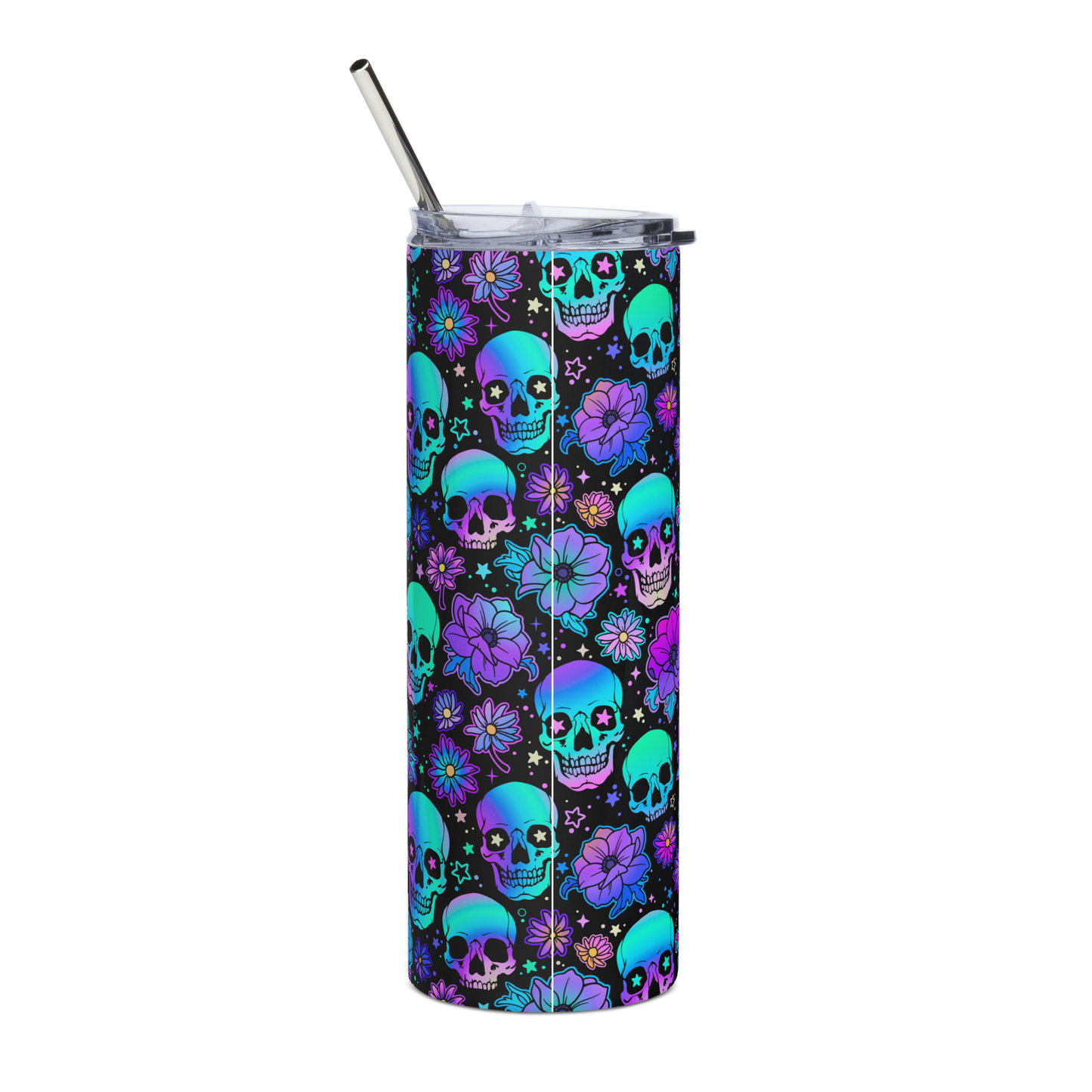 Back View: 20 oz Skinny Tumbler with an Ombré gradient colorful label surrounded by Skulls and flowers Lebel Text: Olde Salem EST. 1845 Apothecary Enchanted Potions, Tonics, Elixirs