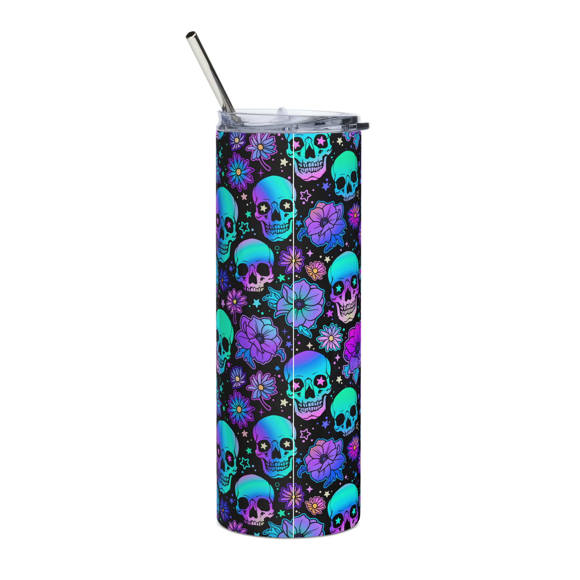 Back View: 20 oz Skinny Tumbler with an Ombré gradient colorful label surrounded by Skulls and flowers Lebel Text: Olde Salem EST. 1845 Apothecary Enchanted Potions, Tonics, Elixirs