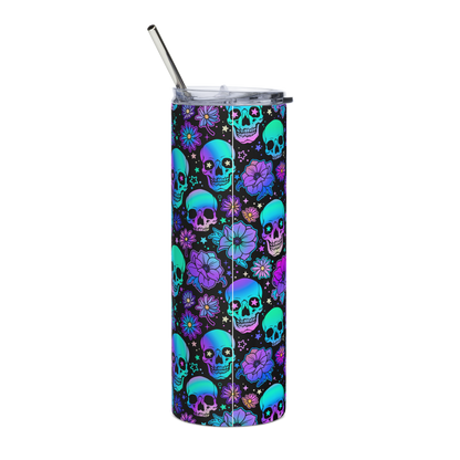 Back View: 20 oz Skinny Tumbler with an Ombré gradient colorful label surrounded by Skulls and flowers Lebel Text: Olde Salem EST. 1845 Apothecary Enchanted Potions, Tonics, Elixirs