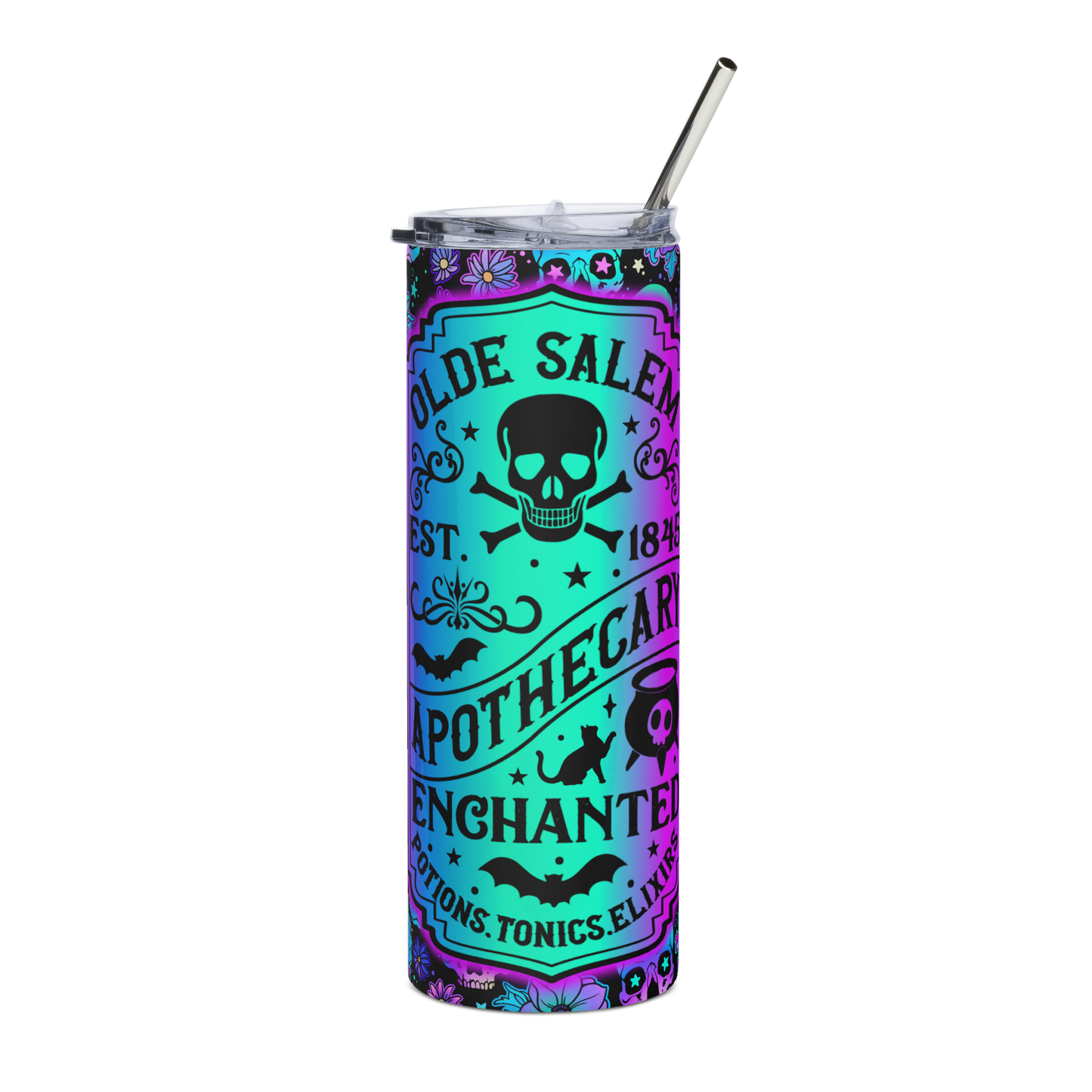 Front View: 20 oz Skinny Tumbler with an Ombré gradient colorful label surrounded by Skulls and flowers Lebel Text: Olde Salem EST. 1845 Apothecary Enchanted Potions, Tonics, Elixirs