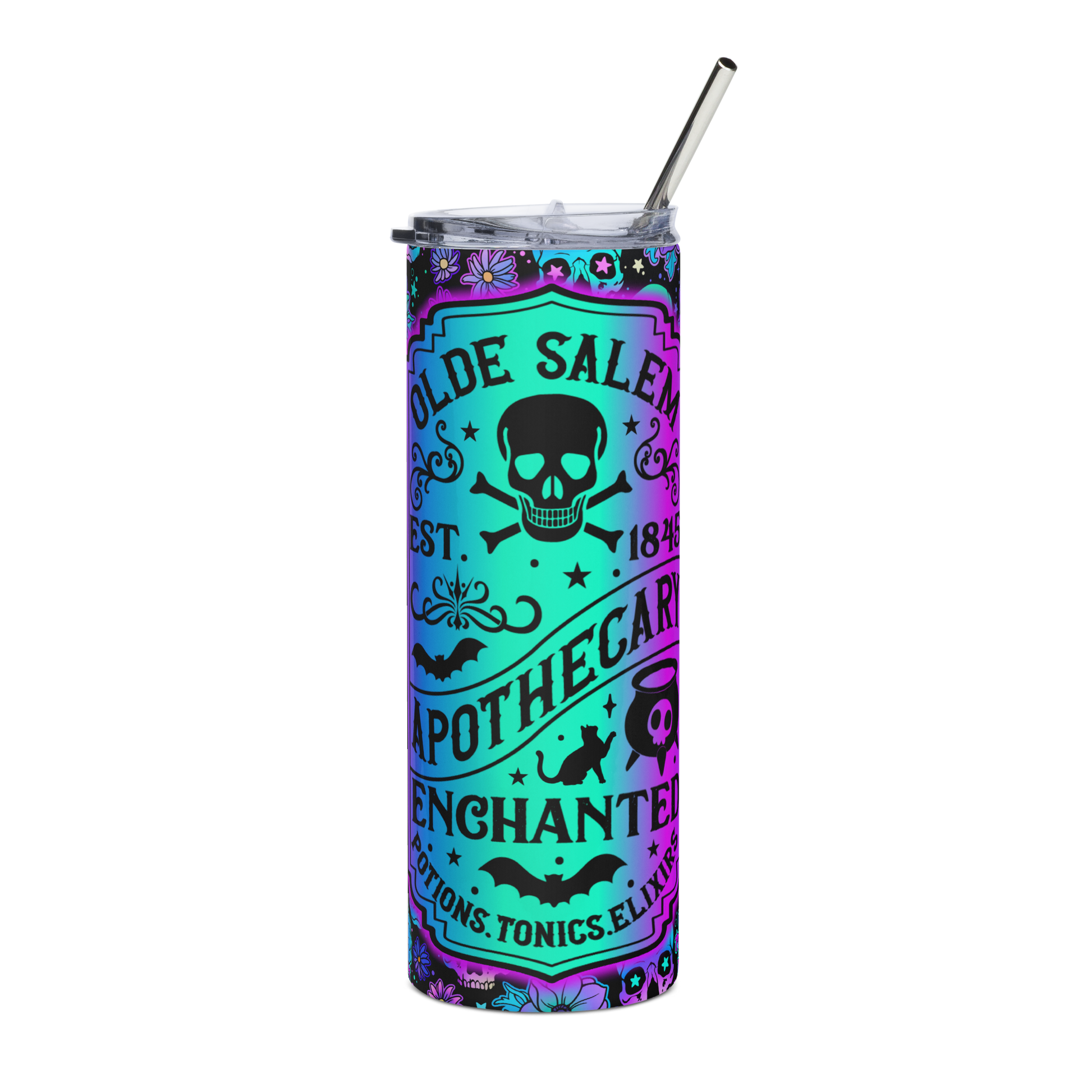 Front View: 20 oz Skinny Tumbler with an Ombré gradient colorful label surrounded by Skulls and flowers Lebel Text: Olde Salem EST. 1845 Apothecary Enchanted Potions, Tonics, Elixirs