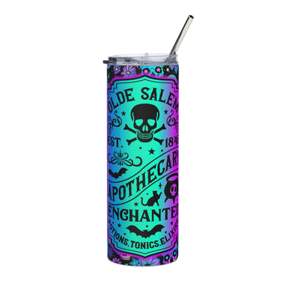 Front View: 20 oz Skinny Tumbler with an Ombré gradient colorful label surrounded by Skulls and flowers Lebel Text: Olde Salem EST. 1845 Apothecary Enchanted Potions, Tonics, Elixirs